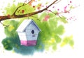 Wooden white birdhouse on a blooming tree branch, spring watercolor illustration Royalty Free Stock Photo