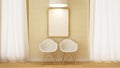 Wooden white chair with frame and pendent lamp-3D Rendering