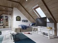 Wooden white designer table with a TV next to the cot, a children`s room on the attic Royalty Free Stock Photo