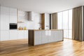 Wooden and white kitchen set with table near window with curtains