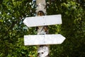 Wooden white signpost guidepost on a tree in forest