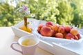 on wooden white tray plate with orange apricots, peach, bunch wild flowers on table in garden, beautiful summer still life, fruits Royalty Free Stock Photo