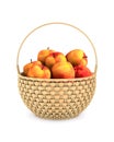 Wooden wicker basket and apples on white background. Isolated 3D illustration