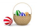 Wooden wicker basket with eggs on white background. Isolated 3D illustration