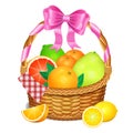 Wooden wicker basket with fruits on a white background.