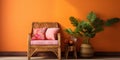 Wooden and wicker coffee table and armchair against vibrant wall. Interior design of boho living room