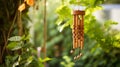 Wooden wind chime hanging in a charming garden
