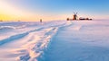 Wooden windmill on background winter sunrise. Dudutki village, Belarus Royalty Free Stock Photo