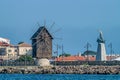 The wooden windmill on the isthmus Nessebar ancient city, one of the major seaside resorts on the Bulgarian Black Sea Coast. Royalty Free Stock Photo