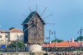 The wooden windmill on the isthmus Nessebar ancient city, one of the major seaside resorts on the Bulgarian Black Sea Coast. Royalty Free Stock Photo