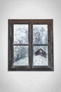Wooden window and in the background a winter landscape Royalty Free Stock Photo