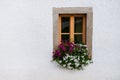 Wooden window decorated with flowers Royalty Free Stock Photo