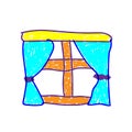 Wooden window in a deliberately childish style. Child drawing. Sketch imitation painting felt-tip pen or marker. Icon isolated on