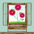 Wooden window floral landscape