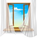 Wooden window frame with curtains Royalty Free Stock Photo