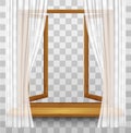 Wooden window frame with curtains on a transparent background. Royalty Free Stock Photo