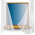 Wooden window frame with curtains and water droplets