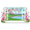 The wooden window overlooking the meadow of green grass and pond in spring isolated on white background. Interior design Royalty Free Stock Photo