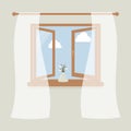 Wooden window with tulle as design element for interior of room on grey background. Outside the spring sky and white clouds. Vase