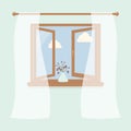 Wooden window with tulle as design element for interior of room on light background. Outside the spring sky and white clouds. Vase