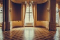 Wooden windows with vintage curtains and square moldings on a sunny day. beige satin curtains. interior of an empty room with