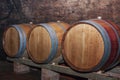 Wooden wine barrels in a wine cellar Royalty Free Stock Photo