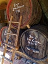 Wooden wine barrels and short ladder retro items