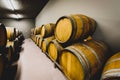 Wooden wine barrels stacked in modern winery cellar in Spain Royalty Free Stock Photo