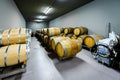 Wooden wine barrels stacked in modern winery cellar in Spain Royalty Free Stock Photo