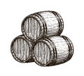 Wooden wine barrels. Winemaking, wine cellar, alcoholic drink sketch. Hand drawn vintage vector illustration Royalty Free Stock Photo