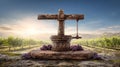 Vintage Grape Press in Vineyard at Sunrise - Traditional Wine Making Royalty Free Stock Photo