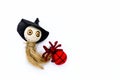 Wooden witch doll and red wool spider isolate on white background Royalty Free Stock Photo