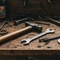 A wooden workbench cluttered with various hand tools, including a claw hammer with Royalty Free Stock Photo