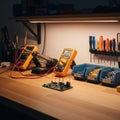 Workbench in an electronics workshop featuring two digital multimeters Royalty Free Stock Photo