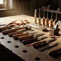 A wooden workbench features an array of leatherworking tools Royalty Free Stock Photo