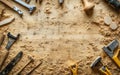 Wooden workbench surrounded by various carpentry tools and sawdust, showcasing craftsmanship and woodworking skills with space for Royalty Free Stock Photo