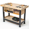 Wooden Workbench with Tools and Storage Drawers on White Background work table workshop bench Royalty Free Stock Photo