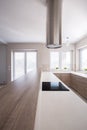 Wooden worktop in bright kitchen