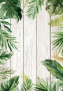 Woodgrain textured summer background with natural leaves border