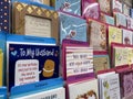 Woodinville, WA USA - circa December 2022: Angled, selective focus on greeting cards for sale inside the gift section of a Haggen Royalty Free Stock Photo