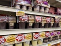 Woodinville, WA USA - circa December 2022: Angled, selective focus on Snack Pack pudding cups for sale inside a Haggen grocery