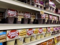 Woodinville, WA USA - circa December 2022: Angled, selective focus on Snack Pack pudding cups for sale inside a Haggen grocery