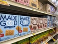 Woodinville, WA USA - circa December 2022: Close up, selective focus on Made Good brand snack bars for sale inside a Haggen