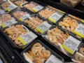 Woodinville, WA USA - circa December 2022: Close up, selective focus on packaged raw shrimp for sale in the refrigerated section Royalty Free Stock Photo