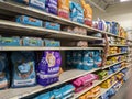 Woodinville, WA USA - circa February 2022: Angled, selective focus of the dry and wet cat food aisle inside of a Petsmart store