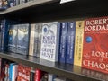 Woodinville, WA USA - circa February 2022: Angled view of the Wheel of Time series lined up on a shelf inside a Barnes and Noble Royalty Free Stock Photo