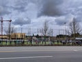 Woodinville, WA / USA - circa February 2020: View of Woodinville Sports Fields, with children running around playing soccer on an