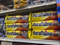 Woodinville, WA USA - circa May 2022: Angled view of indoor fire logs for sale inside a Haggen grocery store