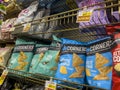 Woodinville, WA USA - circa May 2022: Angled view of Pop Corners brand corn chips for sale inside a Haggen grocery store