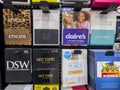 Woodinville, WA USA - circa May 2022: Angled view of a variety of gift cards for sale inside a Haggen grocery store Royalty Free Stock Photo